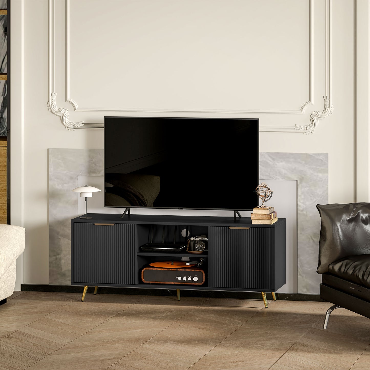HOMCOM Modern TV Stand Cabinet For TVs Up 55Inch With Open Shelves And 2 Cabinets Cable Management Living Room Black
