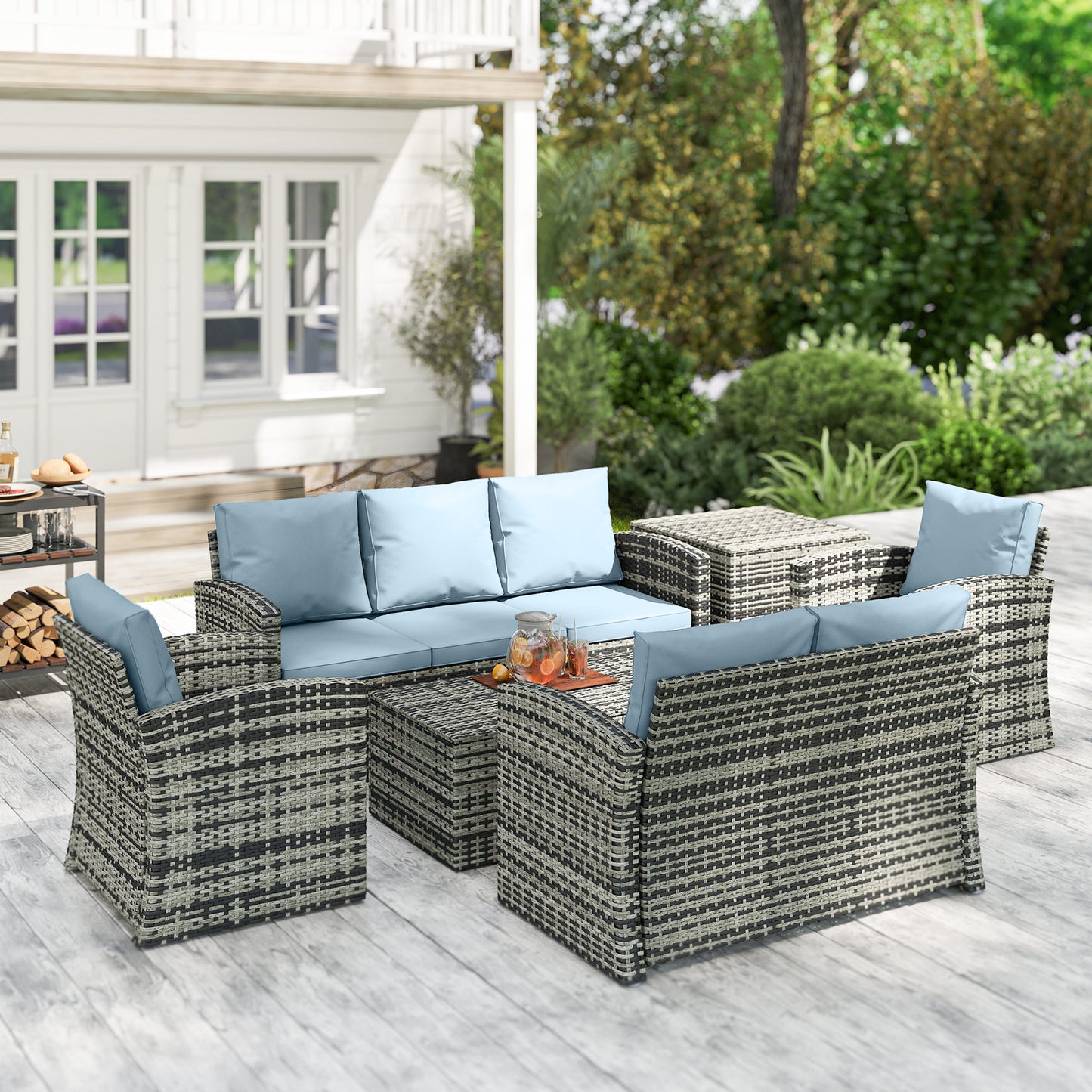 Outsunny 6 Piece Rattan Garden Furniture Set 7 Seater Wicker Outdoor Set With Storage Tea Table And Side Table Grey