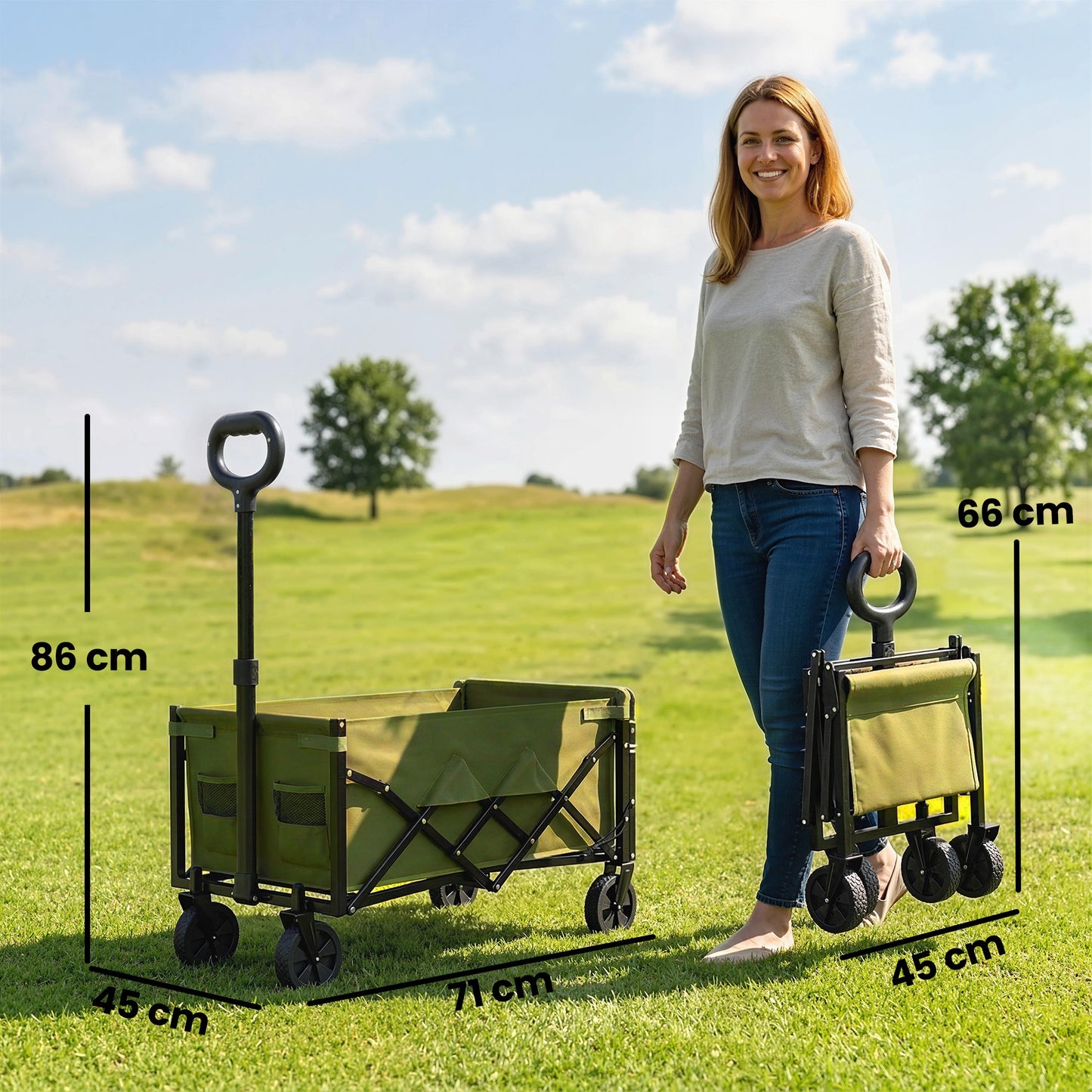 Outsunny 80L Foldable Festival Trolley On Wheels Collapsible Wagon Cart With Drop Down Tailgate Adjustable Handle Green