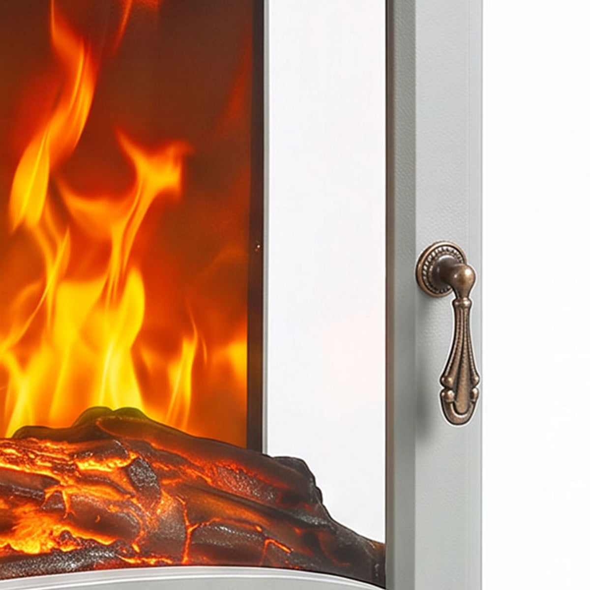 Grey electric fireplace tempered glass door with metal handle and glowing LED flames