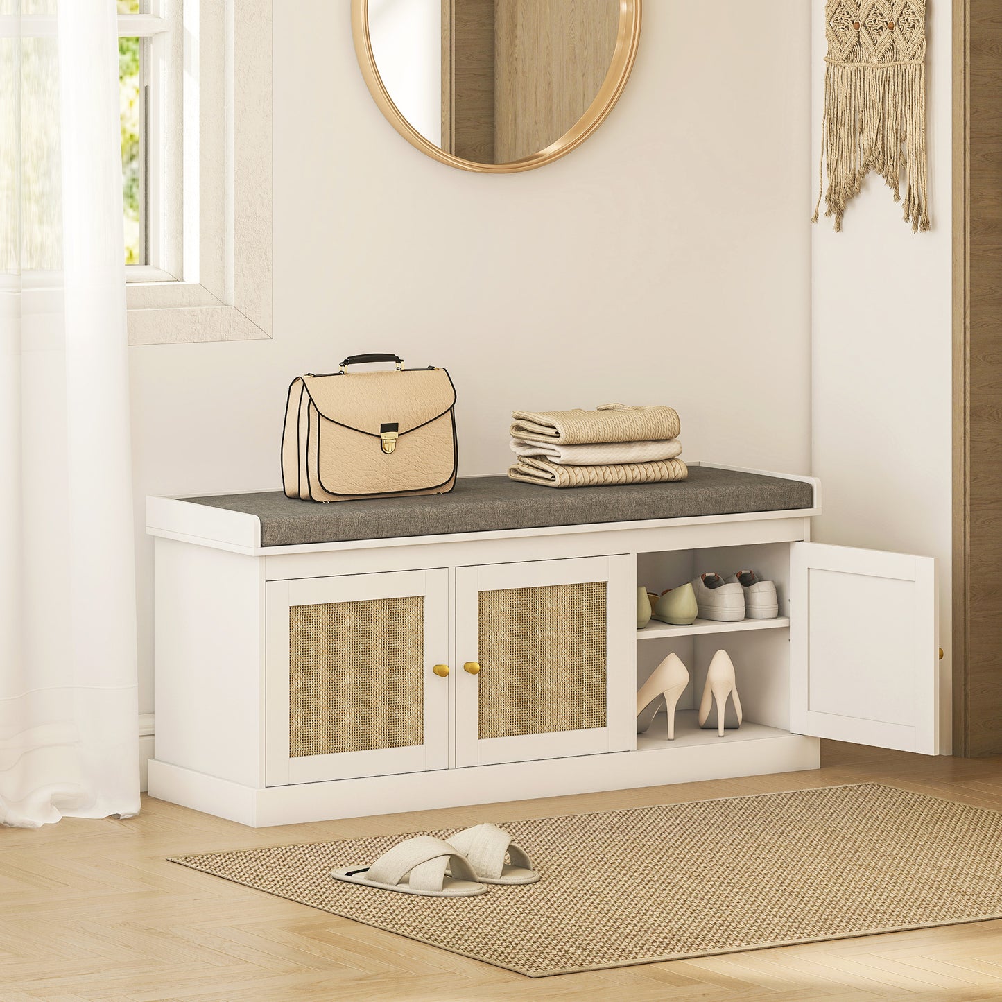 HOMCOM Shoe Storage Bench With Woven Rattan Doors And Soft Removable Cushion White