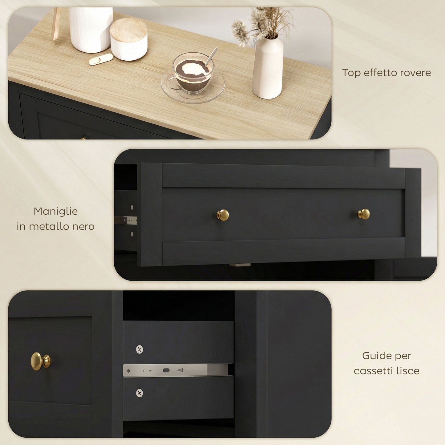 HOMCOM Sideboard Storage Cabinet With Adjustable Shelf Drawer And Double Doors Black Modern Kitchen Cupboard