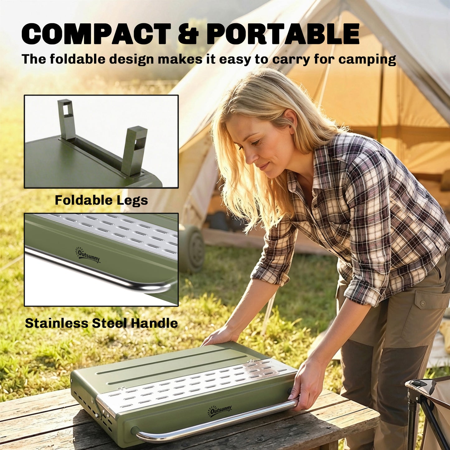 Outsunny Portable Charcoal BBQ Grill with Adjustable Grates, Foldable Legs, Side Shelf for Camping Travel Green