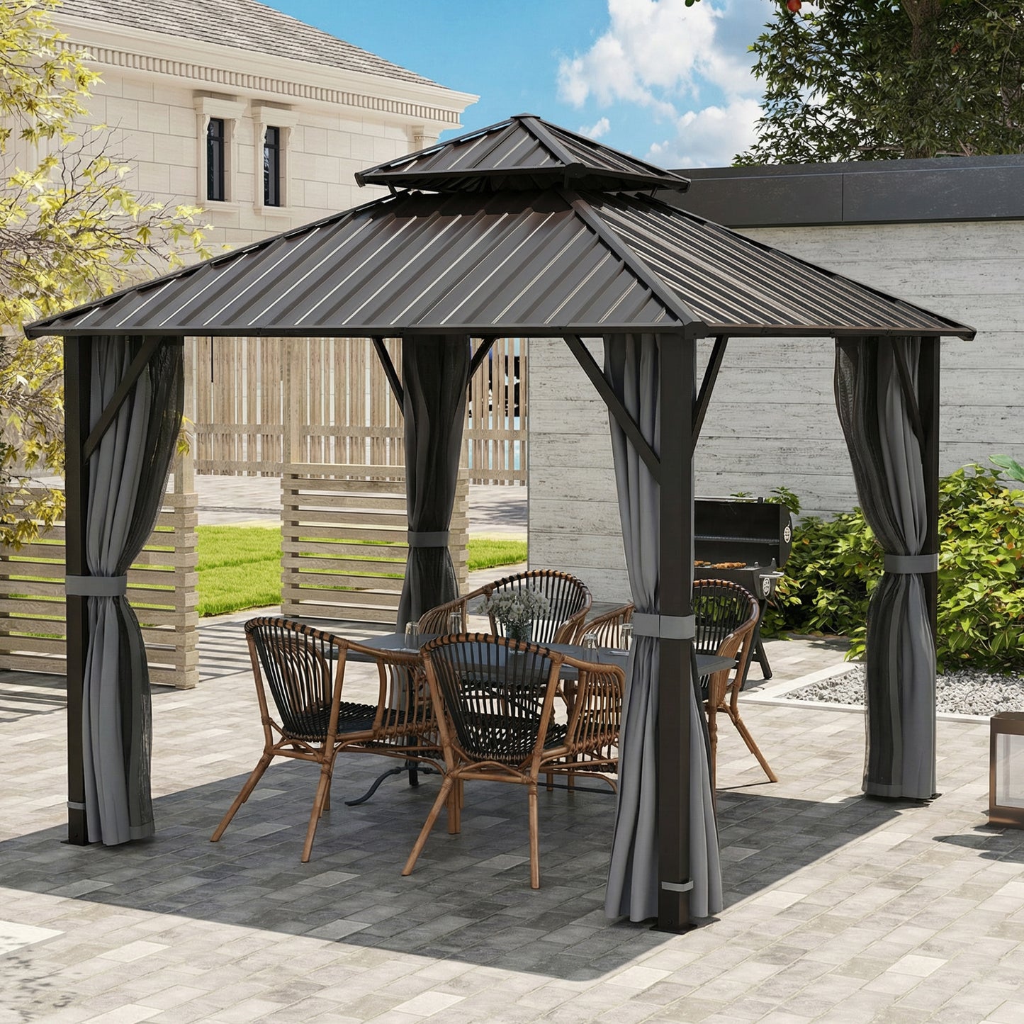 Outsunny 3 x 3m Hardtop Gazebo With Metal Roof Waterproof Permanent Pavilion Garden Canopy Netting Curtains Grey