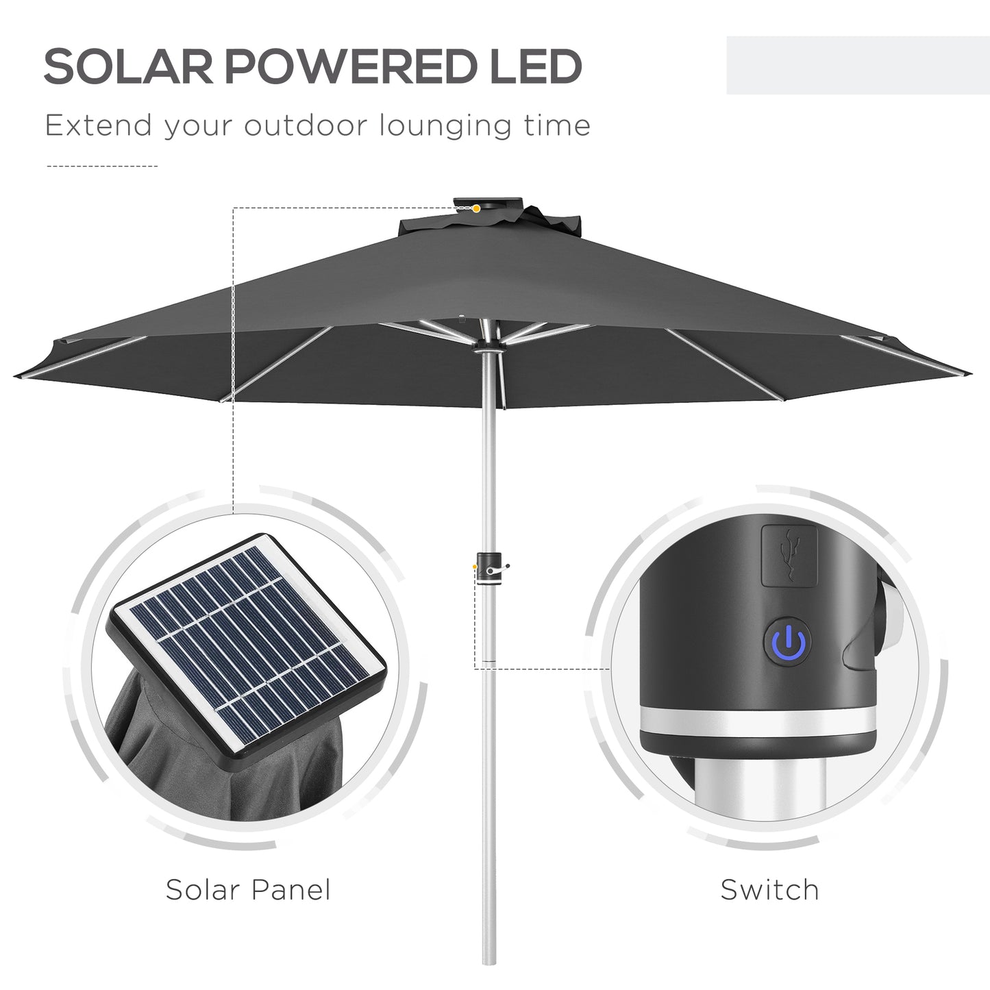 Outsunny Lighted Solar Patio Umbrella with 4 Modes, Waterproof Design & USB Charging - Charcoal Grey - ALL4U RETAILER LTD