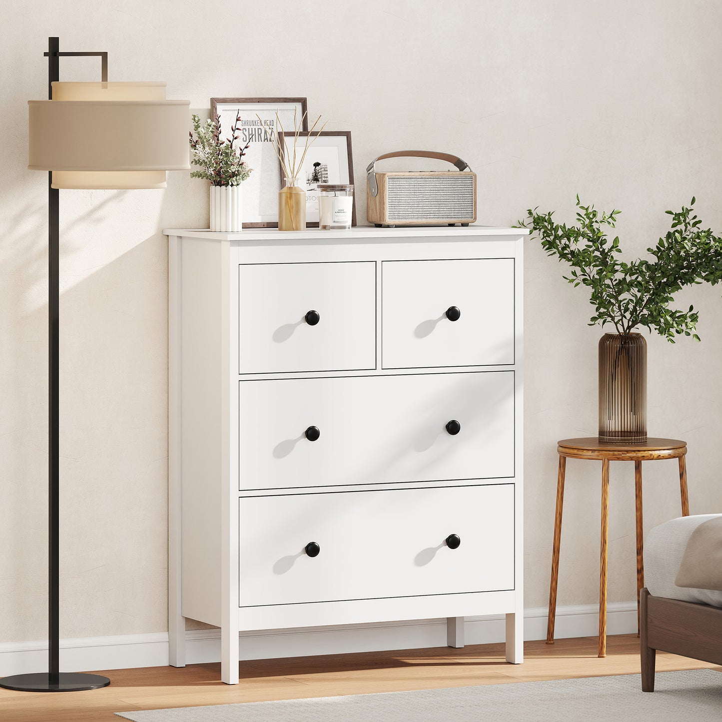 HOMCOM Modern 4 Drawer Chest Of Drawers White Dresser For Living Room Hallway Entryway