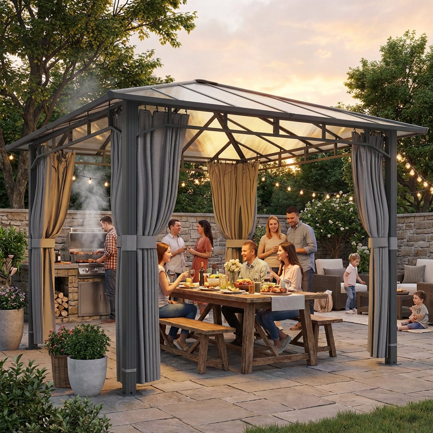 Outsunny 3 X 3 M Outdoor Hardtop Gazebo Canopy With Polycarbonate Roof Aluminium Pavilion Gazebo With Curtains Tan