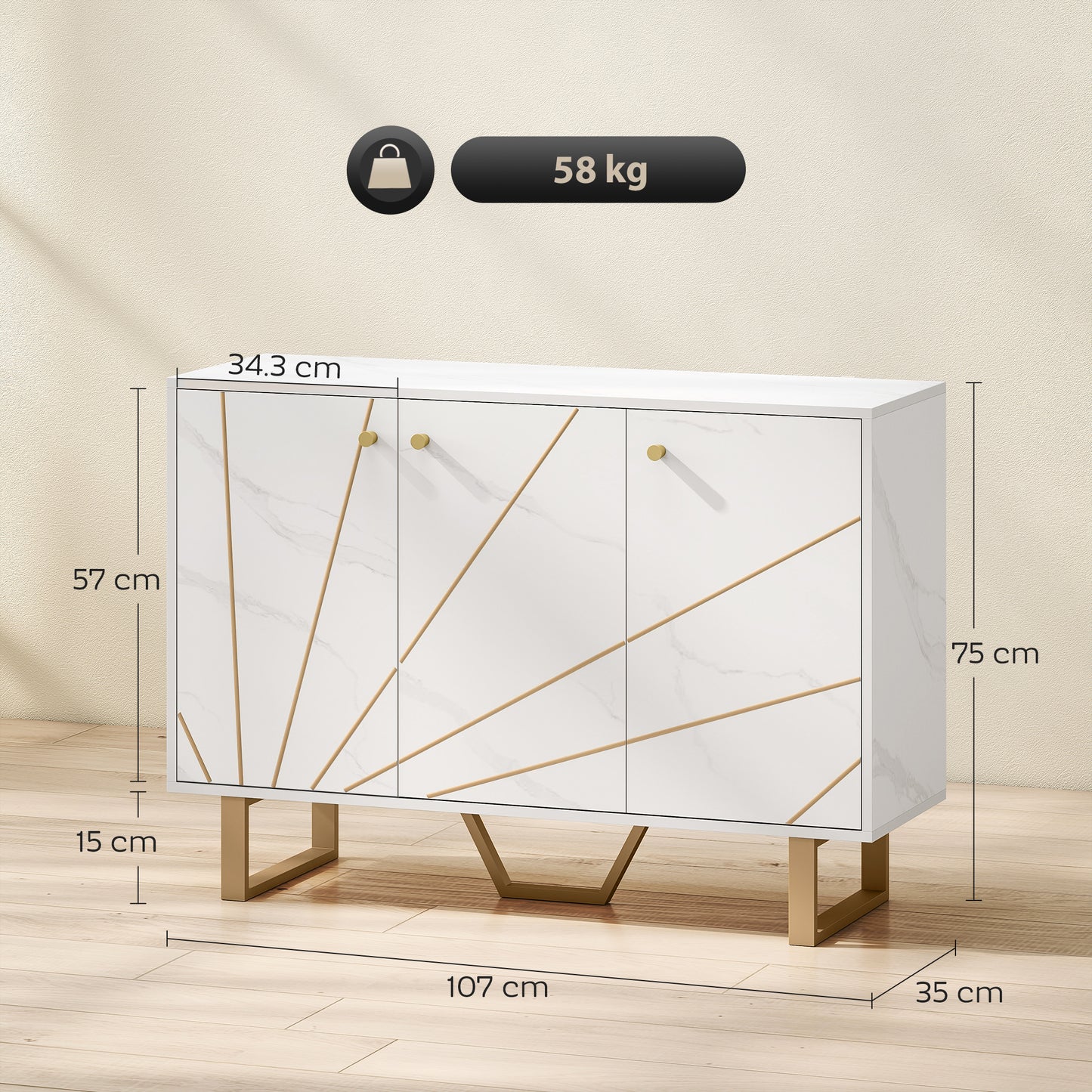 HOMCOM White Marble Tone Sideboard Cabinet With Adjustable Shelves And Metal Legs For Living Room Kitchen Dining Hallway