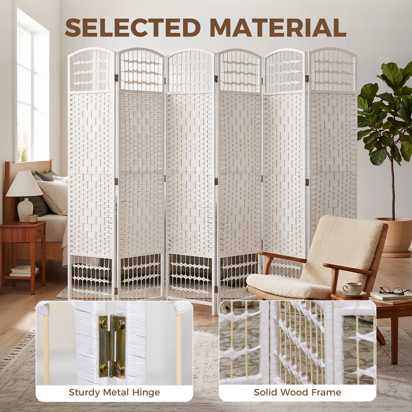 HOMCOM Six Panel Folding Room Divider Privacy Screen Paravent Partition Separator For Living Room And Bedroom White