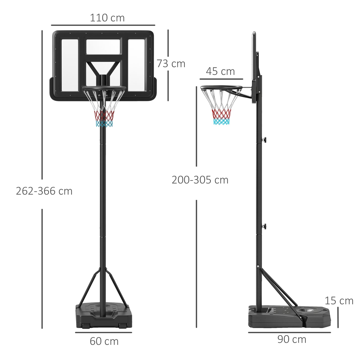 SPORTNOW Adjustable Freestanding Basketball Hoop System with Wheels - 200-305cm Height Range, Black