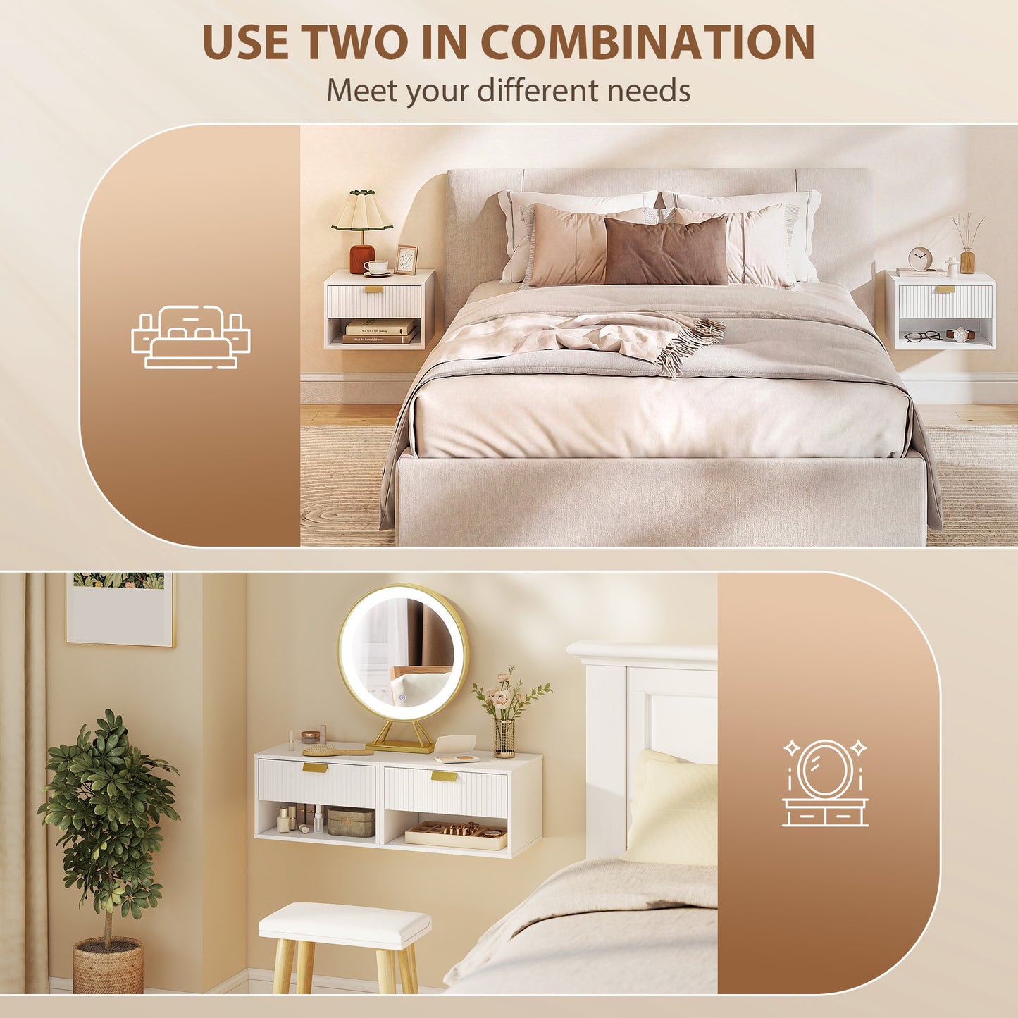 HOMCOM Set Of 2 Wall Mounted Nightstands Floating Bedside Tables With Fluted Drawer Open Shelf White