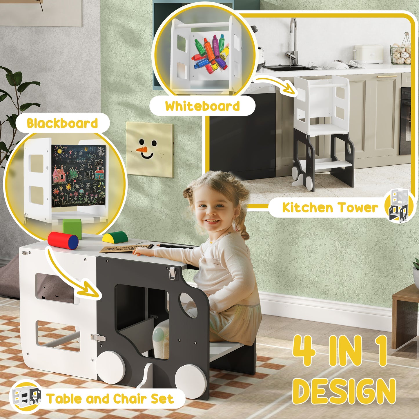 AIYAPLAY Toddler 4 In 1 Standing Tower Foldable Step Stool With Safety Rail For Kitchen And Bathroom Grey