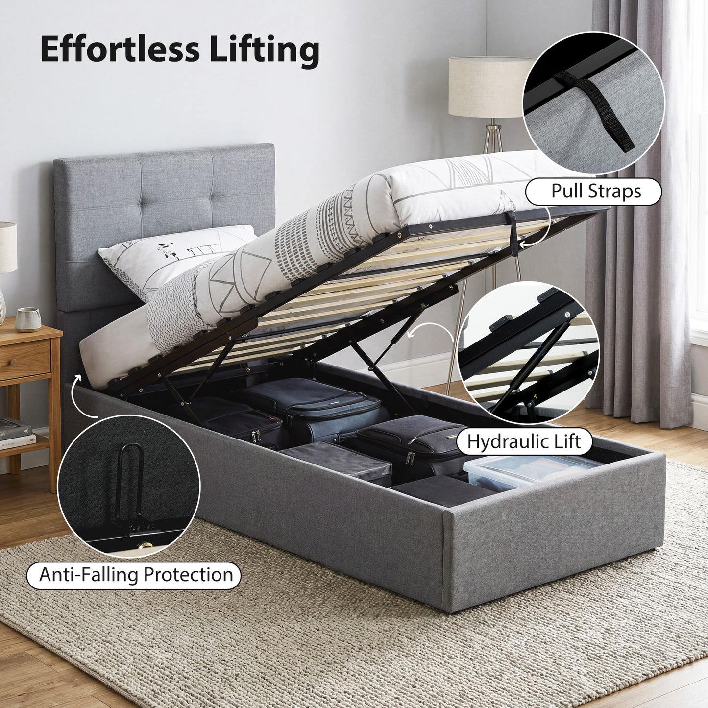 HOMCOM 3Ft Single Ottoman Bed With Gas Lift Storage Grey Upholstered Bed Frame For Small Rooms