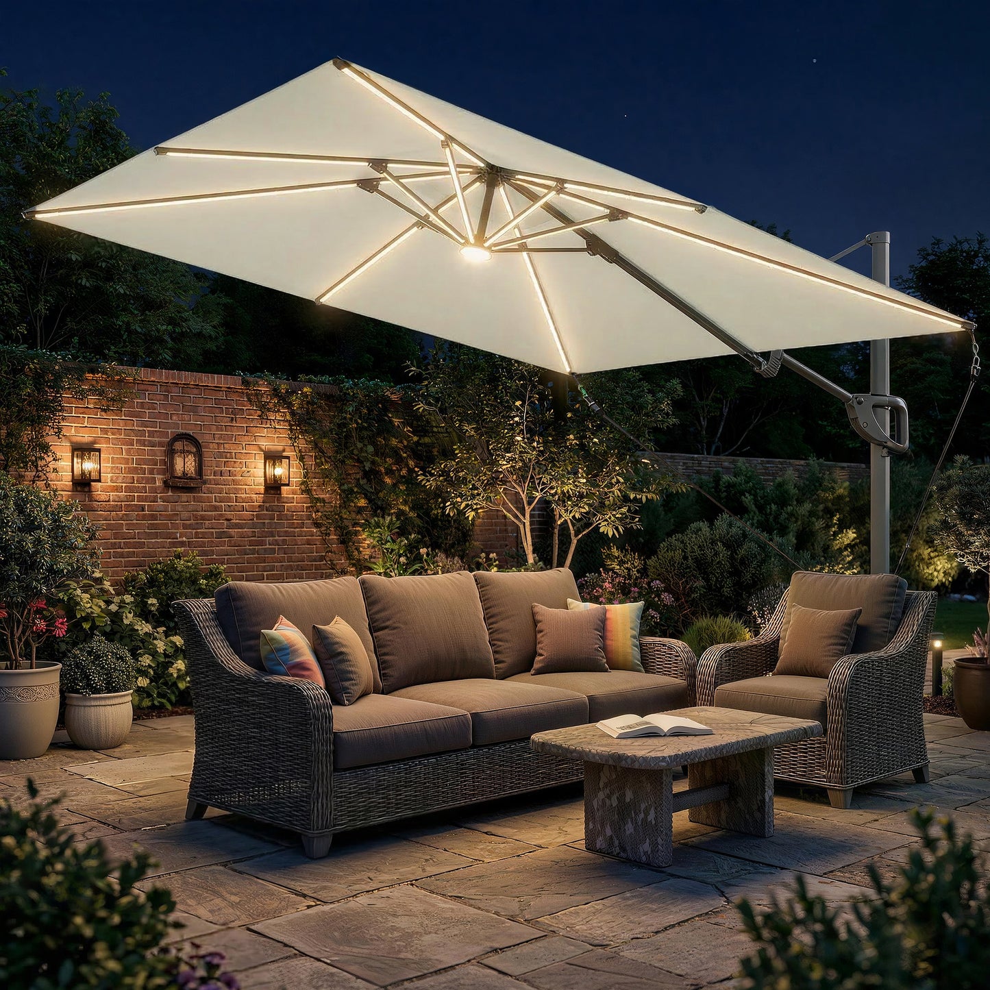 Outsunny 3 x 3 m Garden Cantilever Parasol With Light Cover UPF50 Plus Wind Protection 360 Rotation Cream White