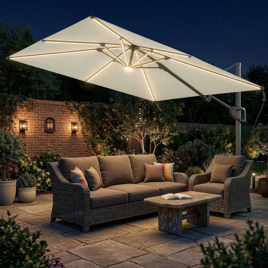 Outsunny 3 x 3 m Garden Cantilever Parasol With Light Cover UPF50 Plus Wind Protection 360 Rotation Cream White