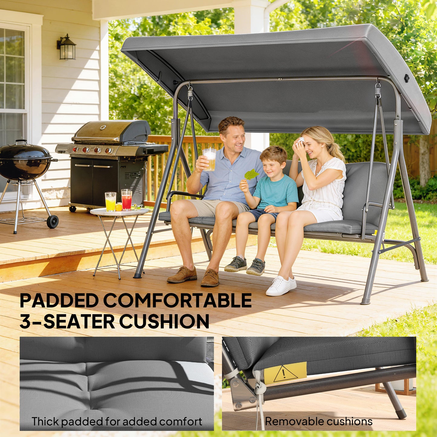 Outsunny 3 Seater Garden Swing Chair Tilting Canopy Patio Rocking Bench Steel Frame Removable Cushions Dark Grey