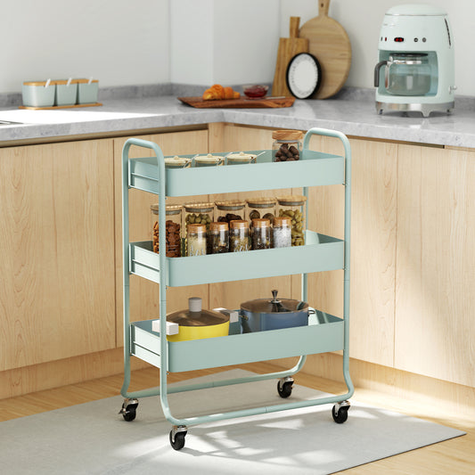 HOMCOM 3 Tier Storage Trolley On Wheels Rolling Utility Cart With Mesh Baskets For Kitchen Bathroom Bedroom Light Green