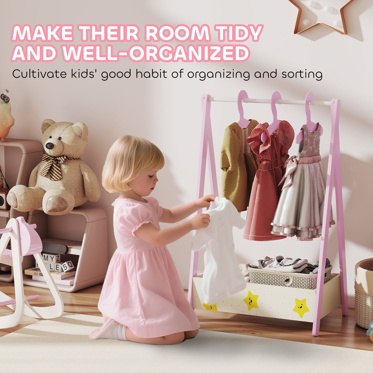 AIYAPLAY Baby Clothing Rack With Hangers And Storage Shelf For Bedroom Star Theme Pink Ages 3 To 6