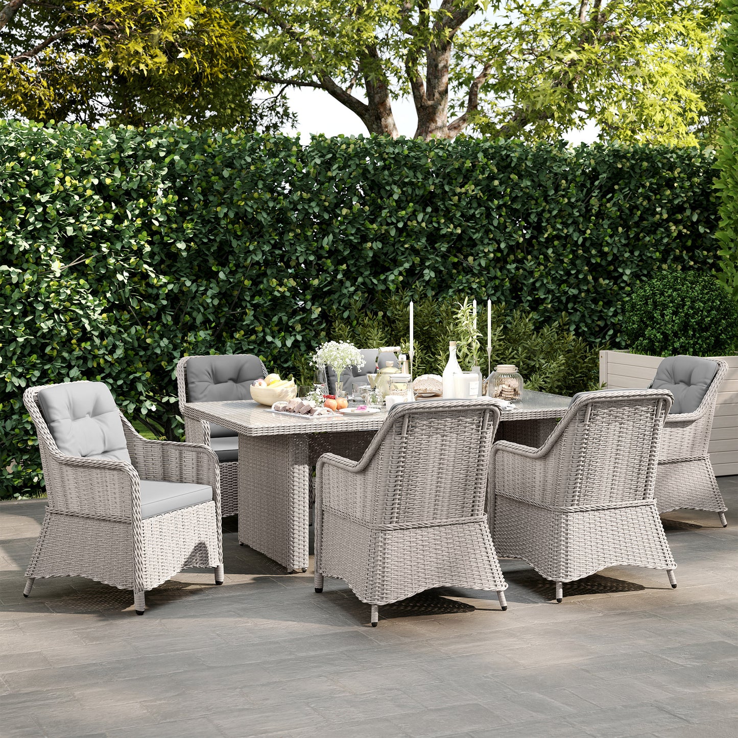 Outsunny Seven Piece Rattan Dining Set Outdoor Garden Furniture Mixed Grey Stylish Comfortable Alfresco Dining