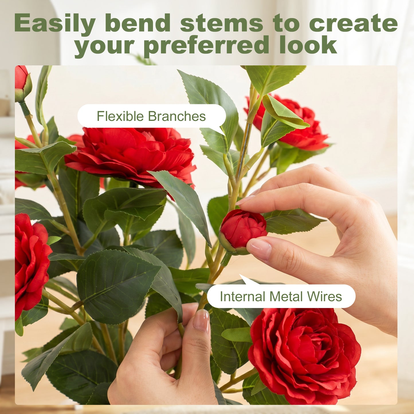 HOMCOM 65cm Artificial Camellia Flower Plant In Pot With 116 Lush Leaves And Moss Effect Red Silk Blossoms Weighted Base