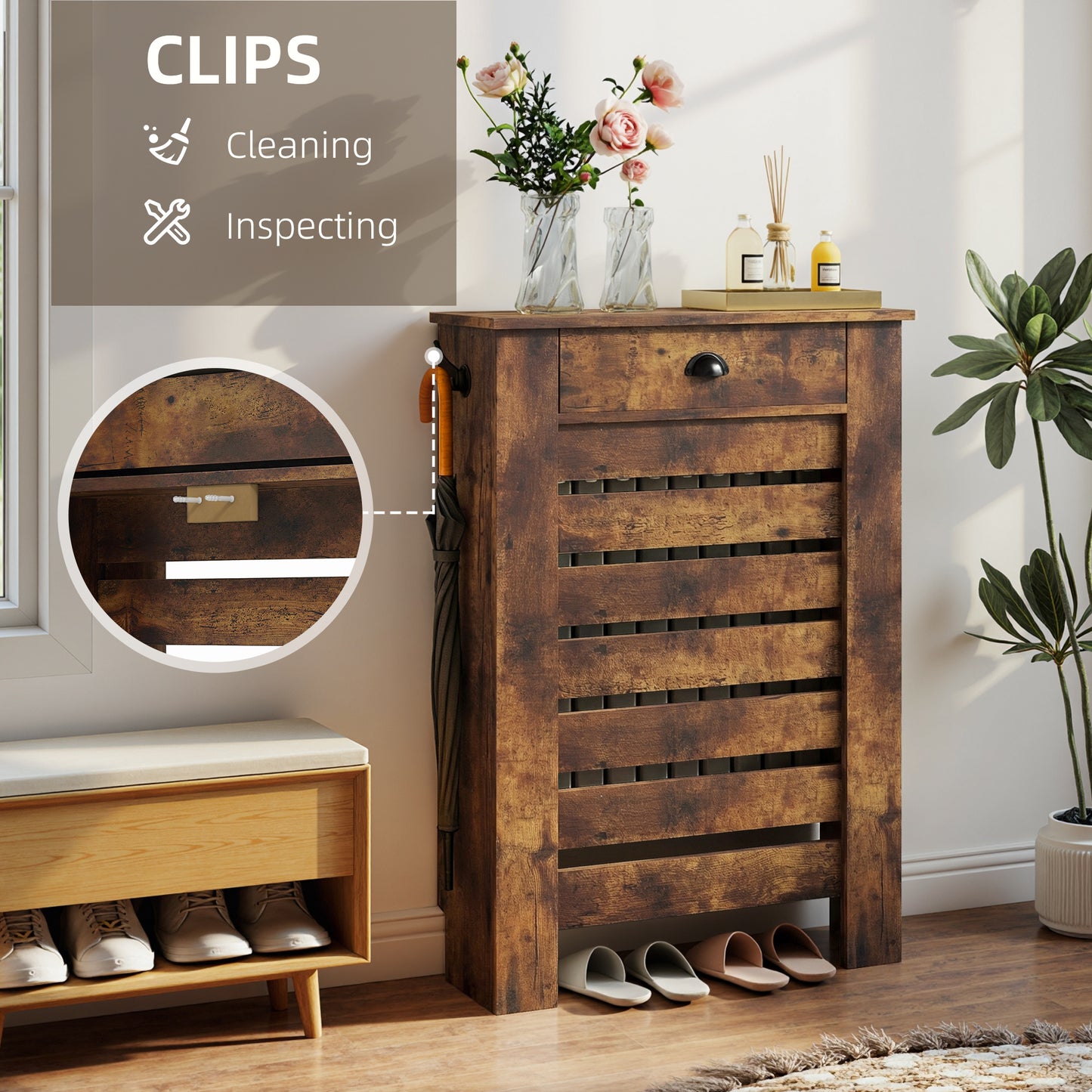 HOMCOM Slim Radiator Cover with Drawer Rustic Brown Slatted MDF and Particle Board