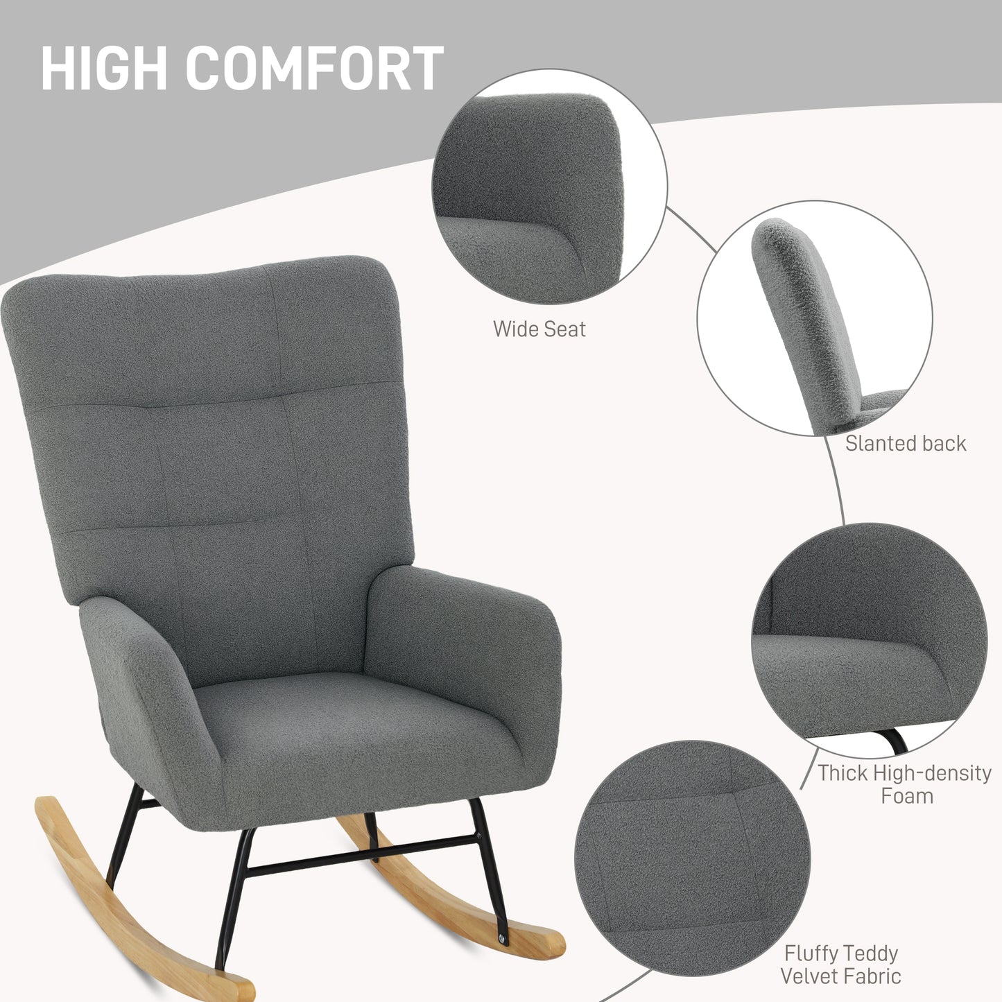 HOMCOM Teddy Fleece Rocking Chair Grey With High Density Foam Padding And Wooden Feet For Gentle 90 To 115 Degree Sway