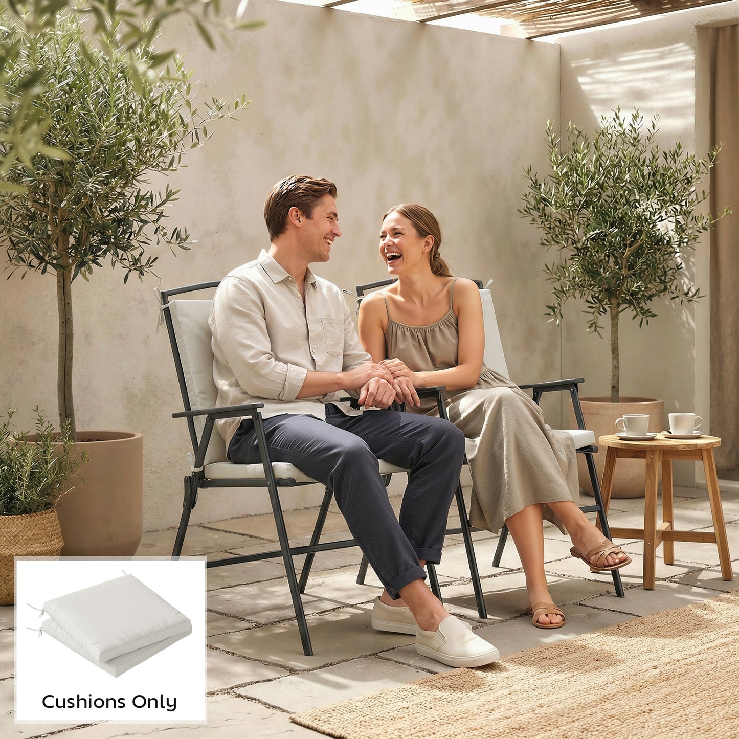 Outsunny Outdoor Seat Cushions Set Of 2 With Ties Waterproof Garden Pads Cream White 7cm Thick High Density Foam