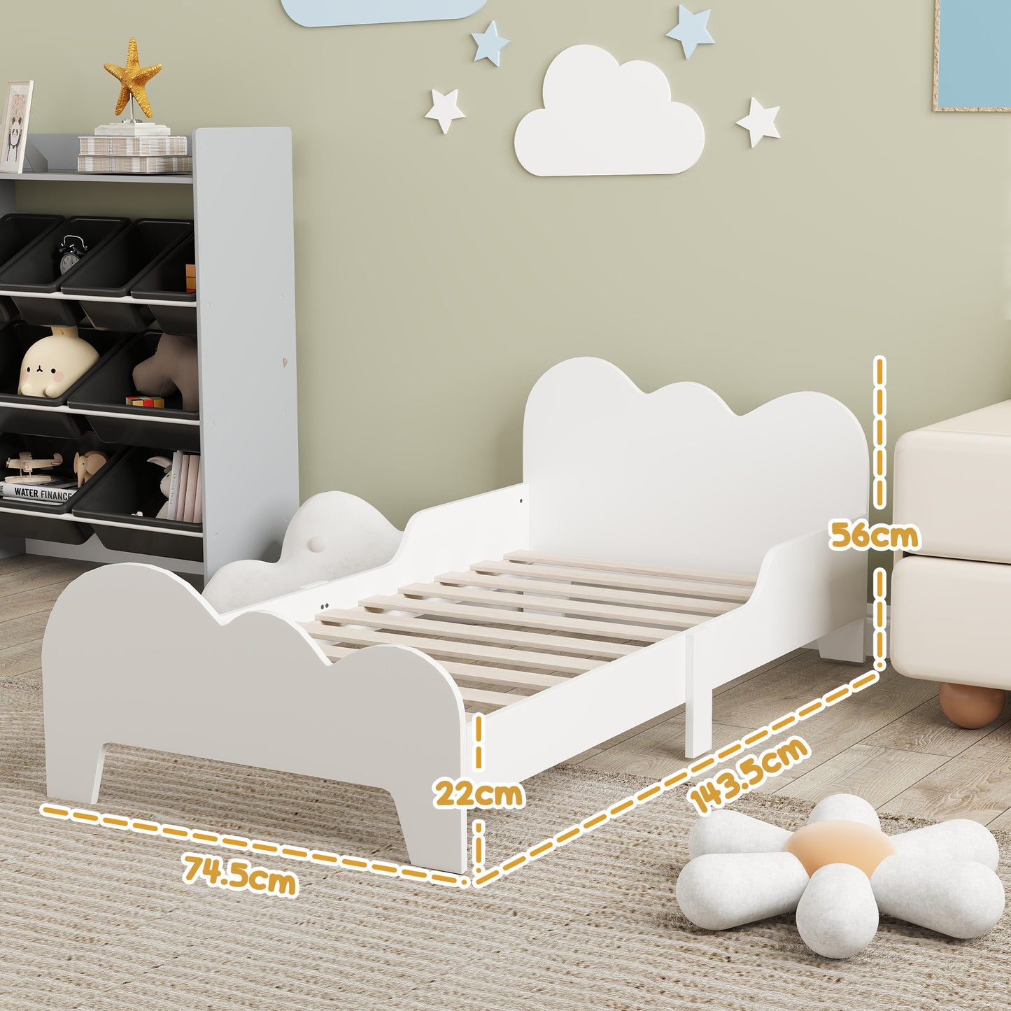 AIYAPLAY Cloud Themed Toddler Bed Frame With Safety Rails And Low Height For Easy Transition For Kids
