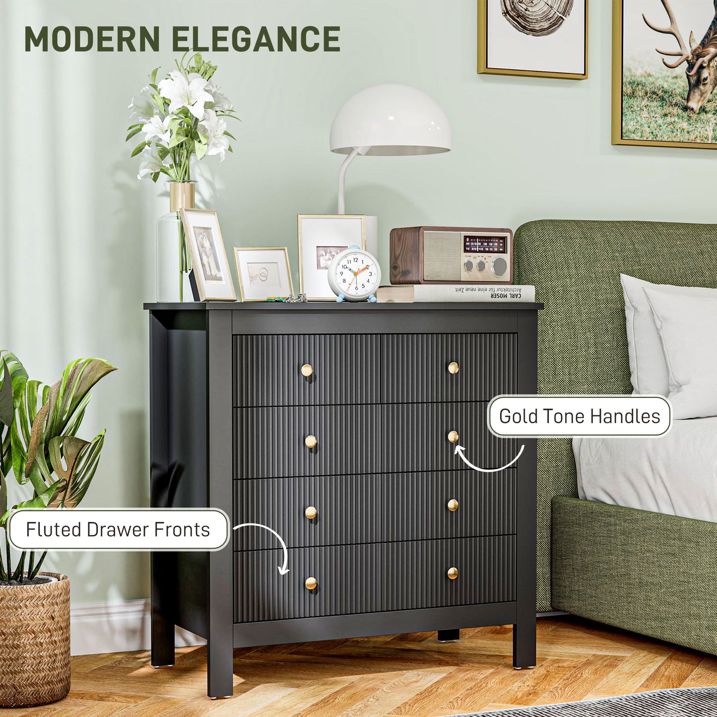 HOMCOM Five Drawer Chest Of Drawers In Black With Ridged Fronts And Gold Handles