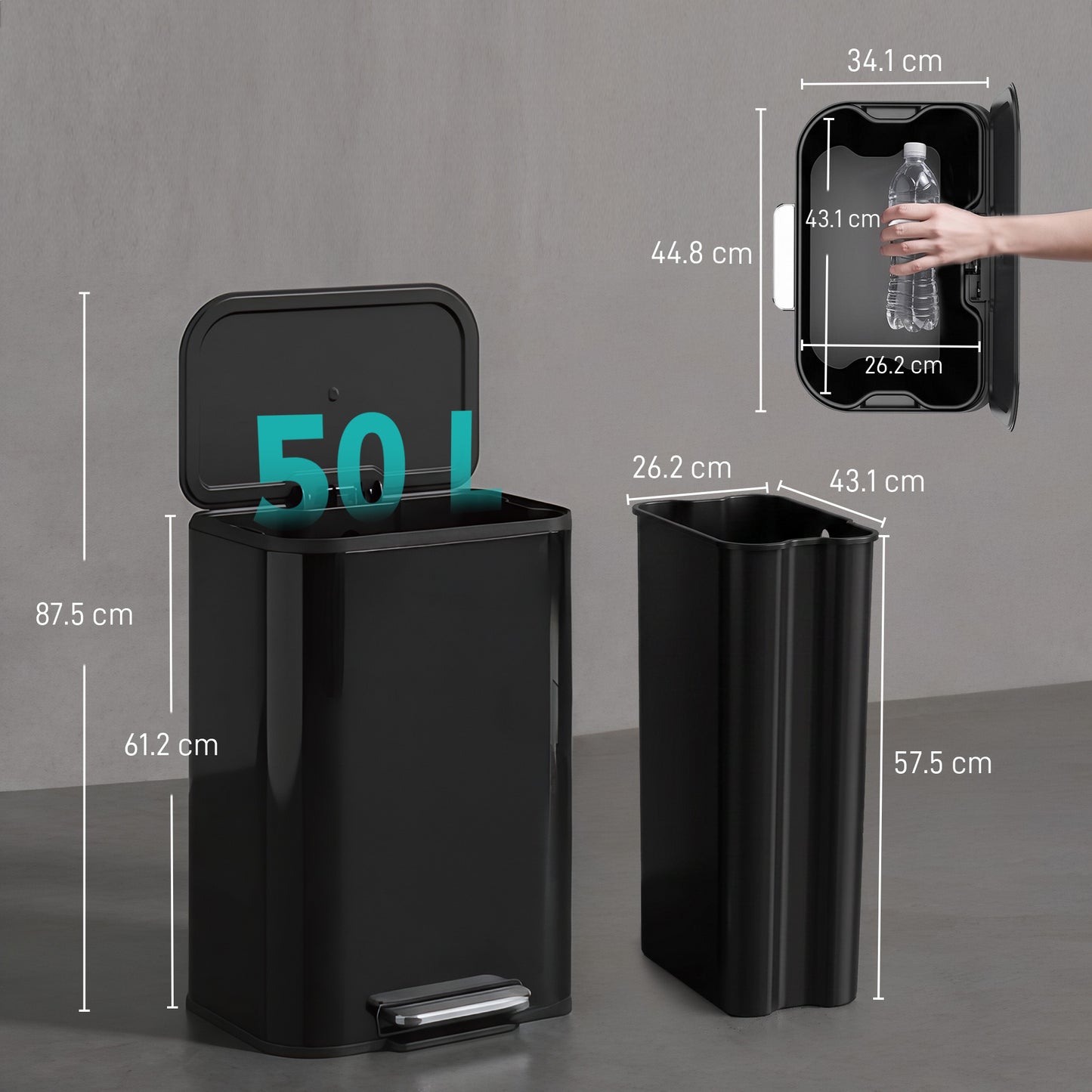 HOMCOM 50L Metal Kitchen Pedal Bin With Soft Close And Removable Bucket