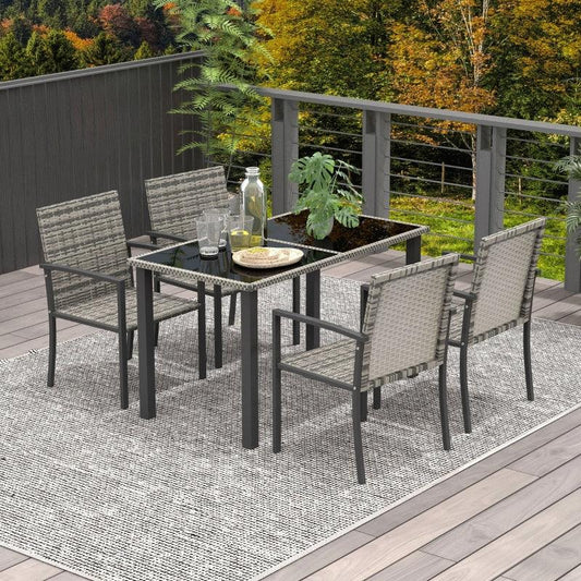 Outsunny 5-Piece Outdoor Dining Set - Patio Conservatory Furniture with Tempered Glass Tabletop, 4 Dining Chairs - Mixed Grey - ALL4U RETAILER LTD