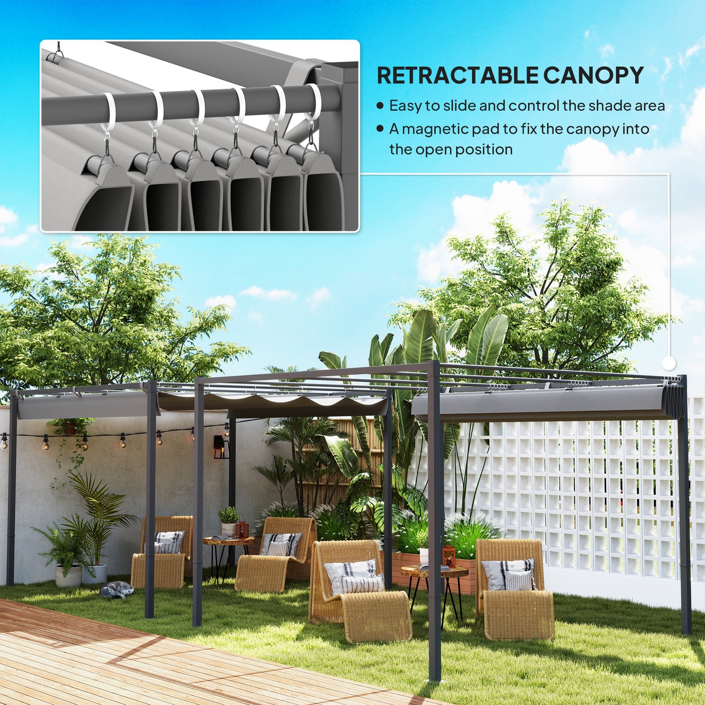 Outsunny 3 x 3m Retractable Roof Metal Pergola Grey With Adjustable Canopy For Shaded Garden Relaxation