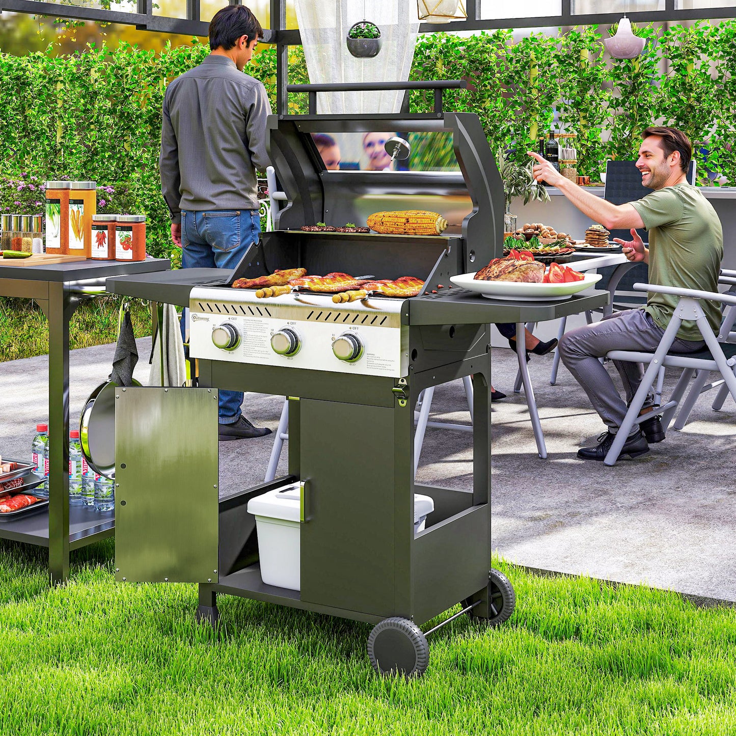 Outsunny 7.5kW Three Burner Gas BBQ Grill With See Through Lid Black For Outdoor Grilling And Family Meals