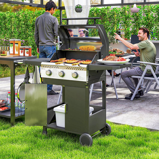 Outsunny 7.5kW Three Burner Gas BBQ Grill With See Through Lid Black For Outdoor Grilling And Family Meals