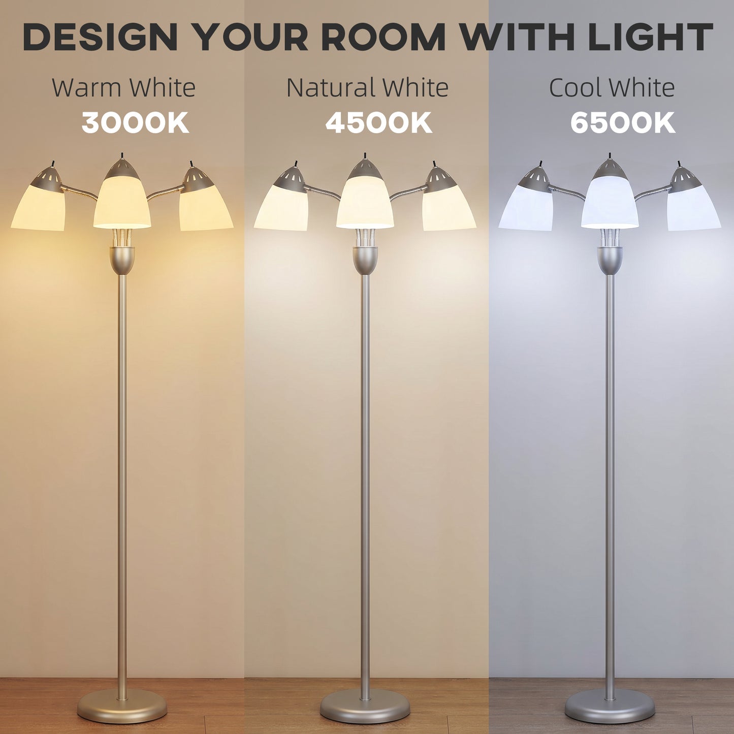 HOMCOM Arc Tree Floor Lamp With Three Adjustable Rotating Lights And Color Temperatures 3000K 4500K 6500K Silver Tone