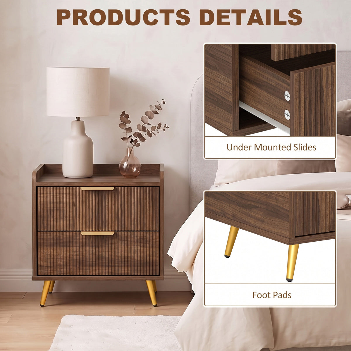 HOMCOM Two Drawer Bedside Table Walnut Brown Nightstand With Gold Handles