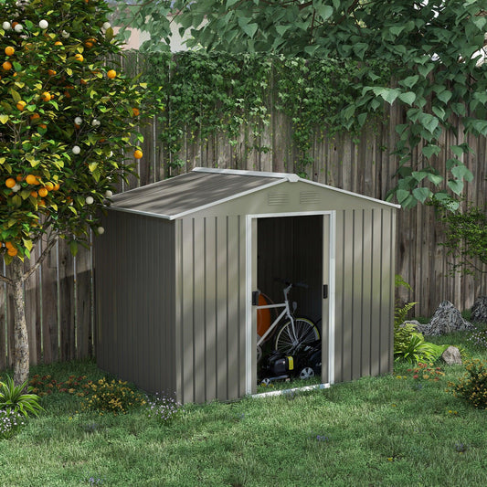 Outsunny 8 x 6ft Outdoor Garden Storage Shed, Metal Tool House with Ventilation and Sliding Doors, Light Grey - ALL4U RETAILER LTD