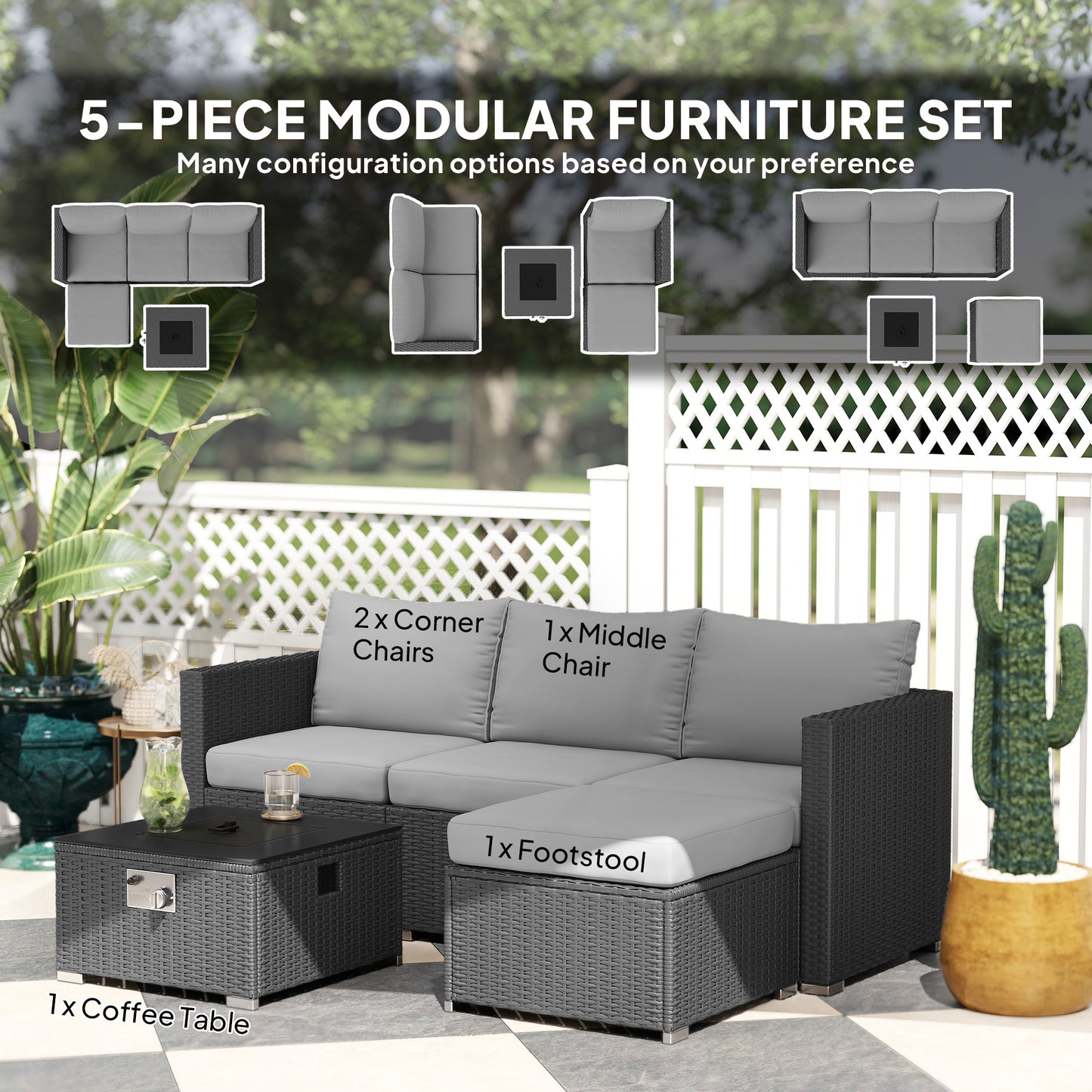Outsunny Five Piece All Weather Rattan Garden Furniture Set With Gas Fire Pit Table And Footstool Grey