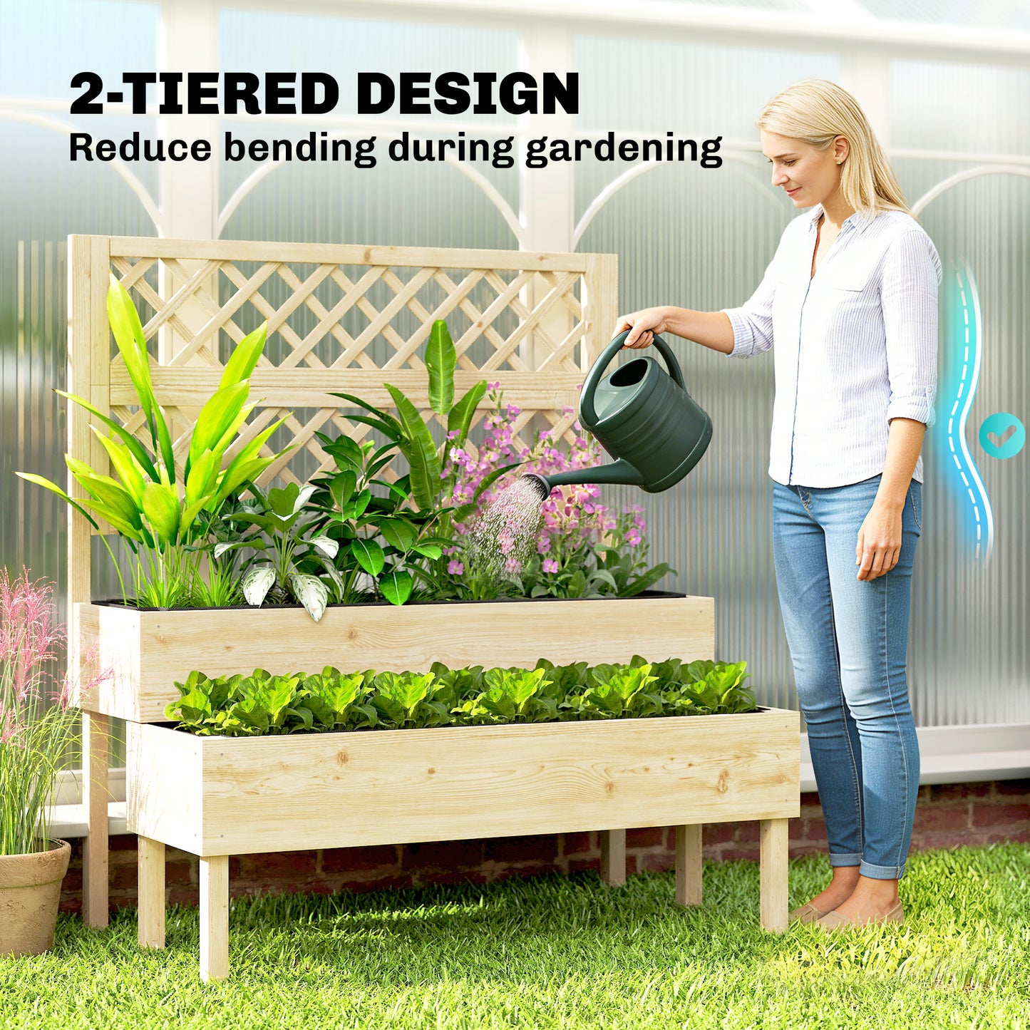 Outsunny Raised Garden Bed 2 Tier Stepped Design Planter Box With Trellis For Climbing Plants 108x62x120 Cm