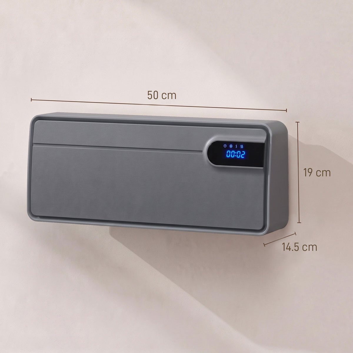 Gray wall-mounted space heater with digital display, rectangular form factor