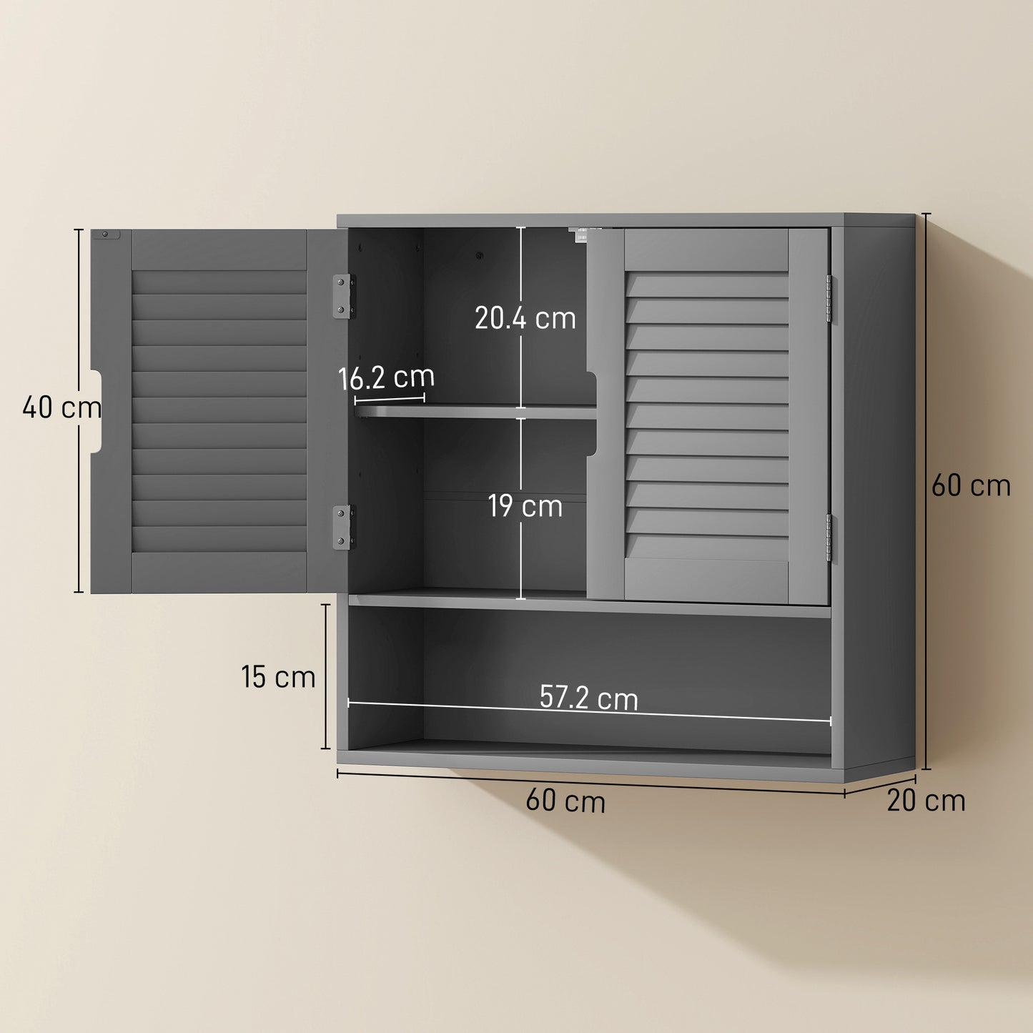 HOMCOM Wall Mounted Bathroom Cabinet With Adjustable Shelves Grey 60 x 20 x 60 cm