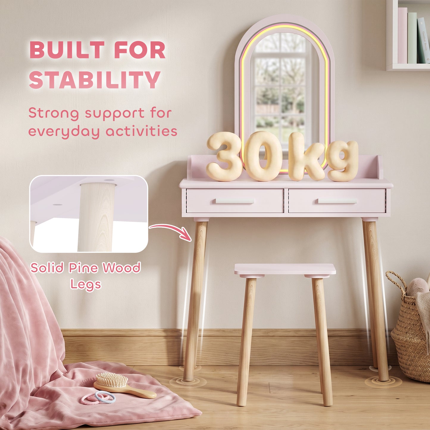 AIYAPLAY Kids Dressing Table And Stool Set With LED Mirror Three Colour Lights Pink For Ages 3 To 8