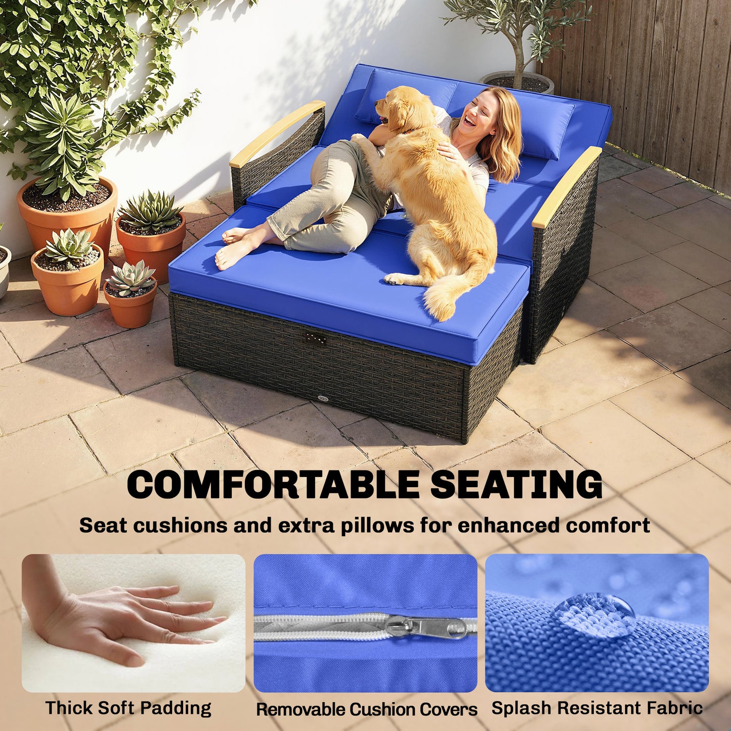 Outsunny Double Garden Rattan Daybed With Storage Ottoman And Five Level Adjustable Backrest Brown