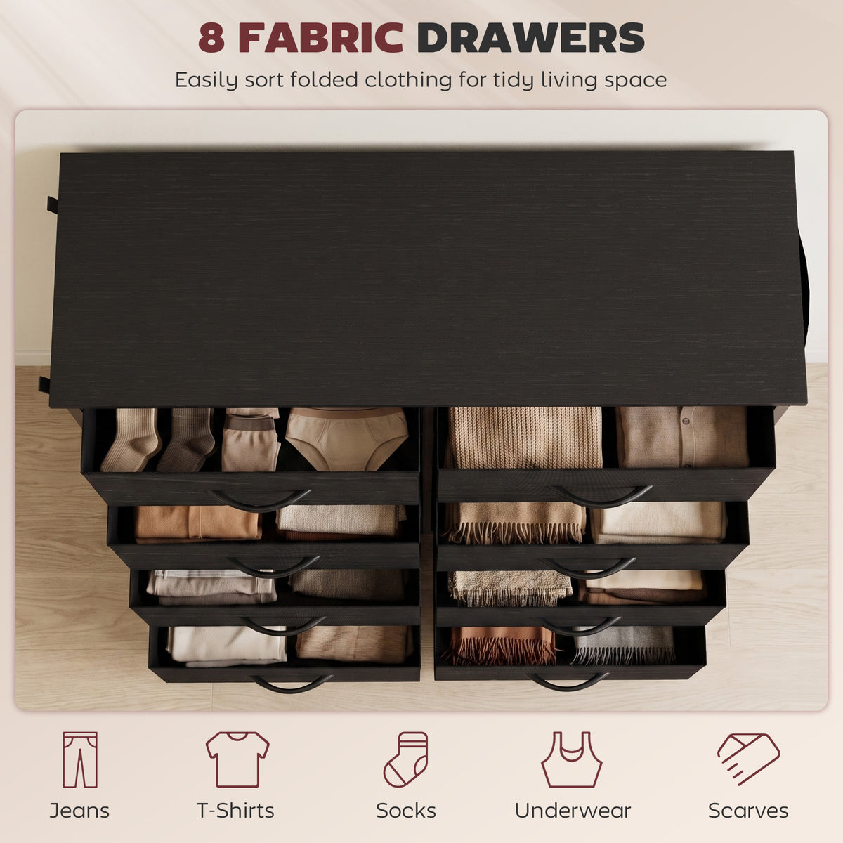 Homcom 8 Drawer Chest Fabric Dresser Steel Frame Bedroom Storage Black