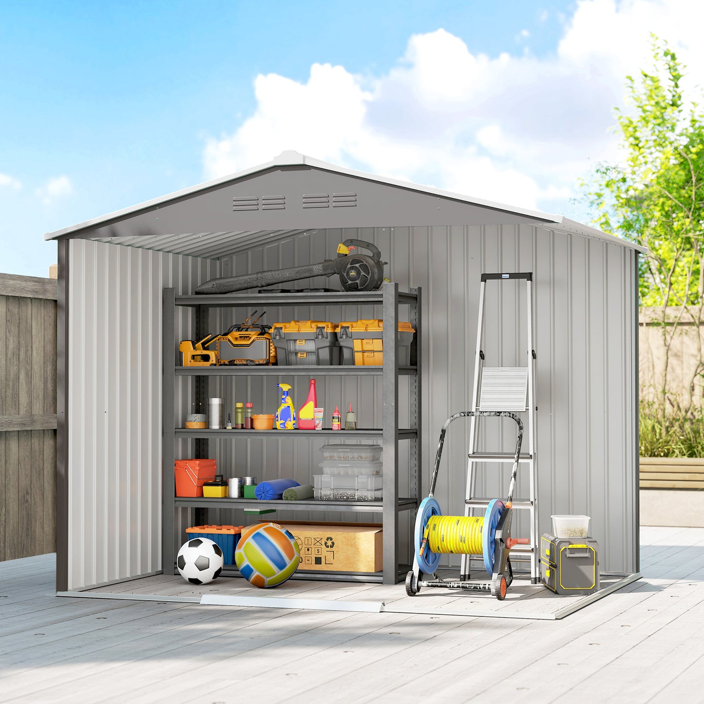 Outsunny 8 By 6 Ft Galvanised Steel Shed With Double Doors For Outdoor Tool And Garden Storage Light Grey
