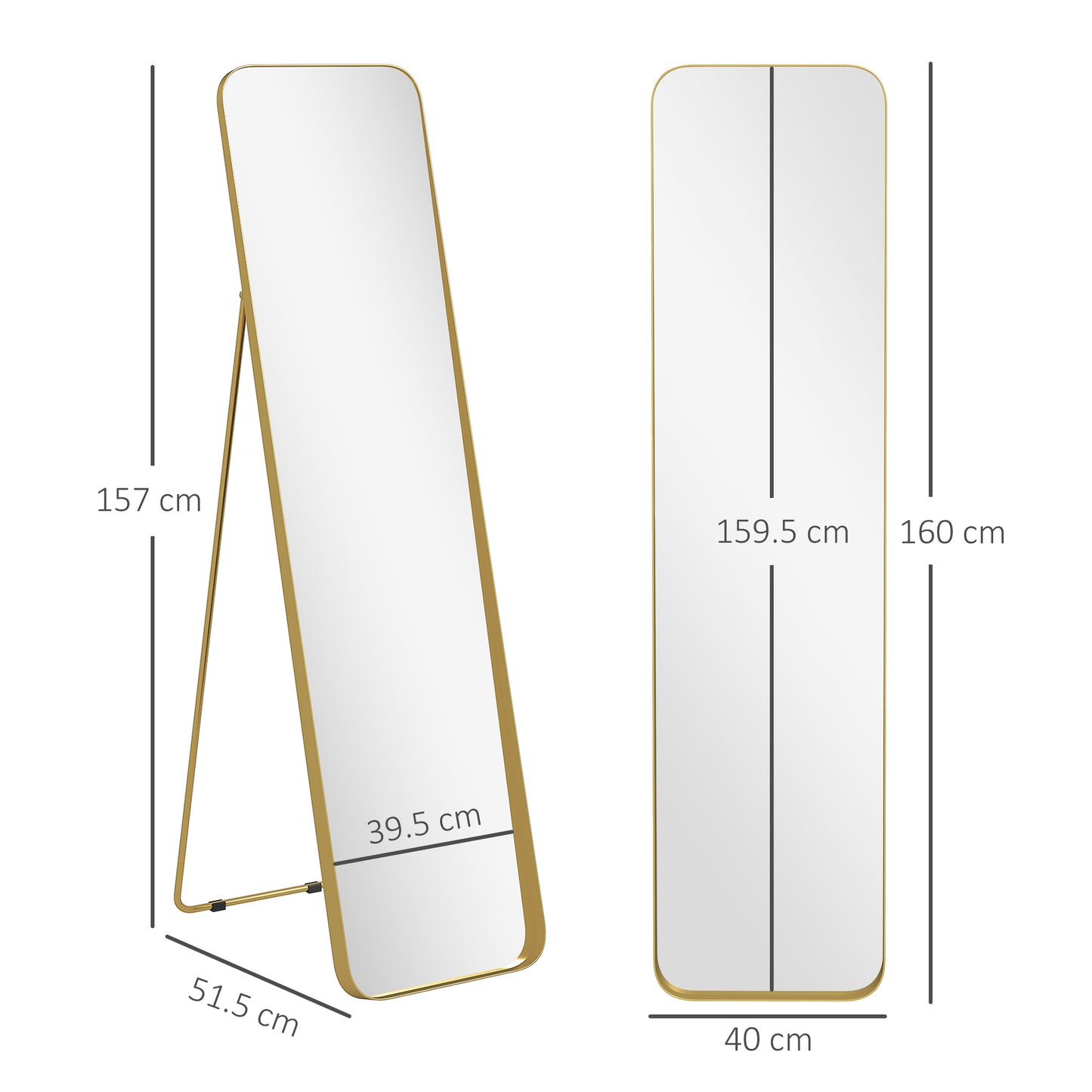 HOMCOM 40 x 160 Cm Rectangular Full Length Mirror Gold Tone With Tilt For Lean Against Wall Or Free Standing Bracket