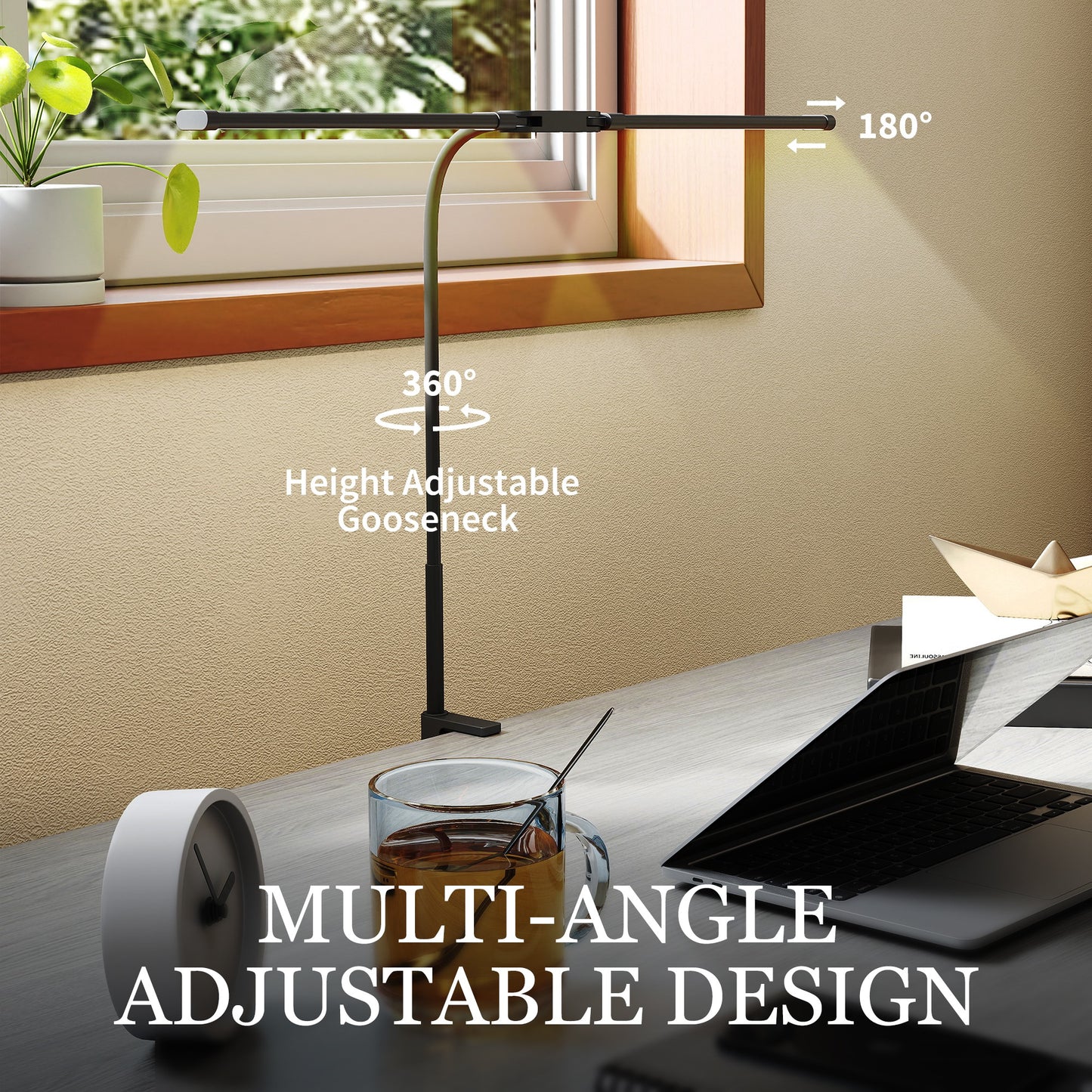 HOMCOM LED Desk Lamp With Clamp Dual Head Gooseneck 3 Color Modes 10 Brightness Levels Timer Memory Study Office Black