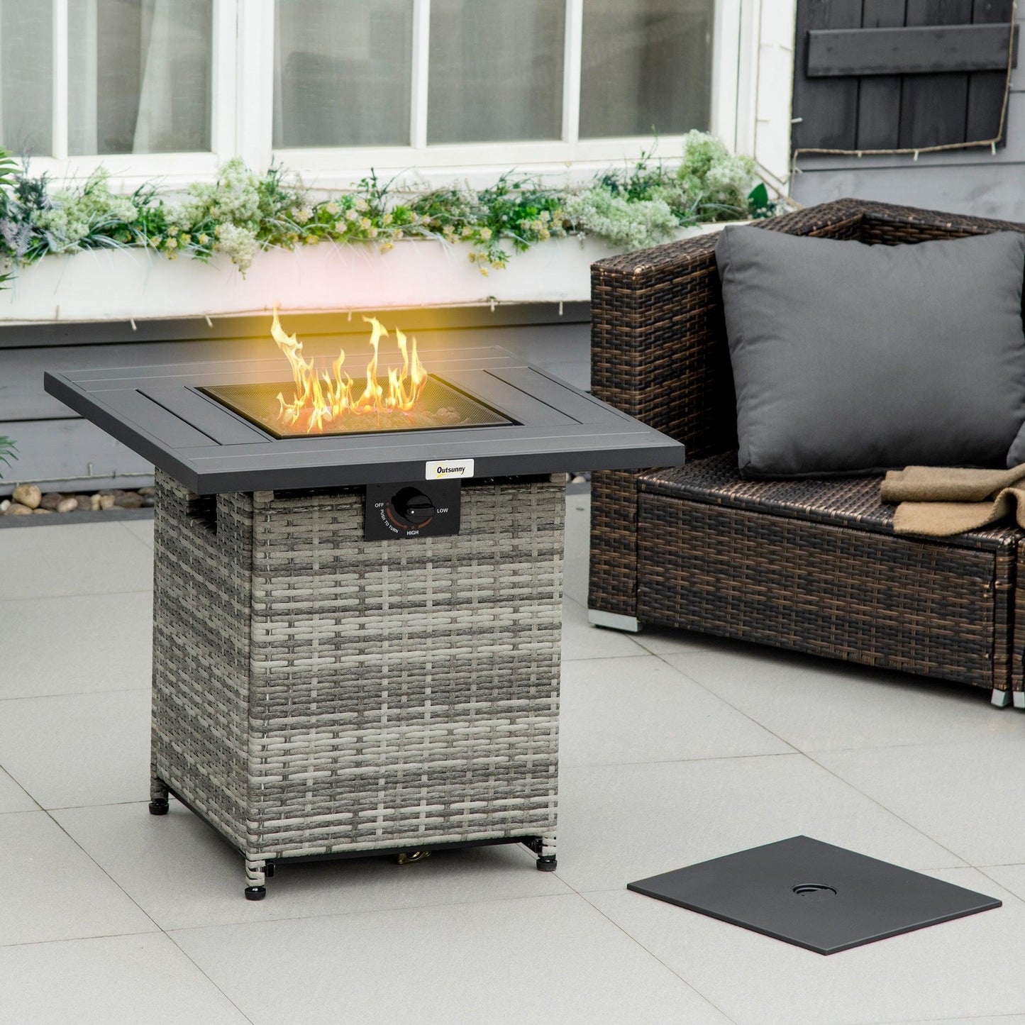 Outsunny Gas Fire Pit Table w/ Rain Cover, Mesh Lid & Lava Stone, 40,000 BTU - ALL4U RETAILER LTD