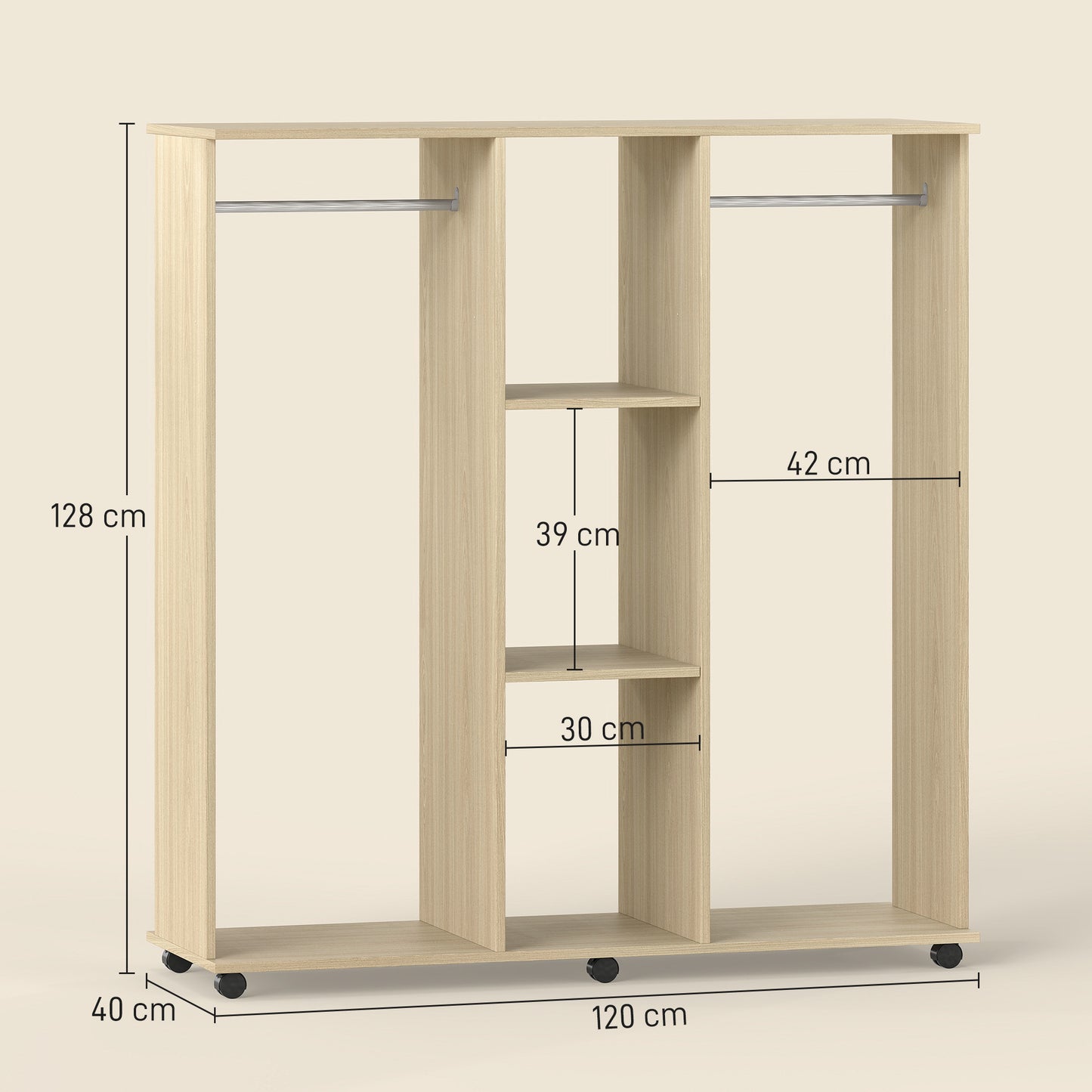 HOMCOM Open Wardrobe With Double Storage Shelves Mobile Organizer On Six Wheels Natural Finish