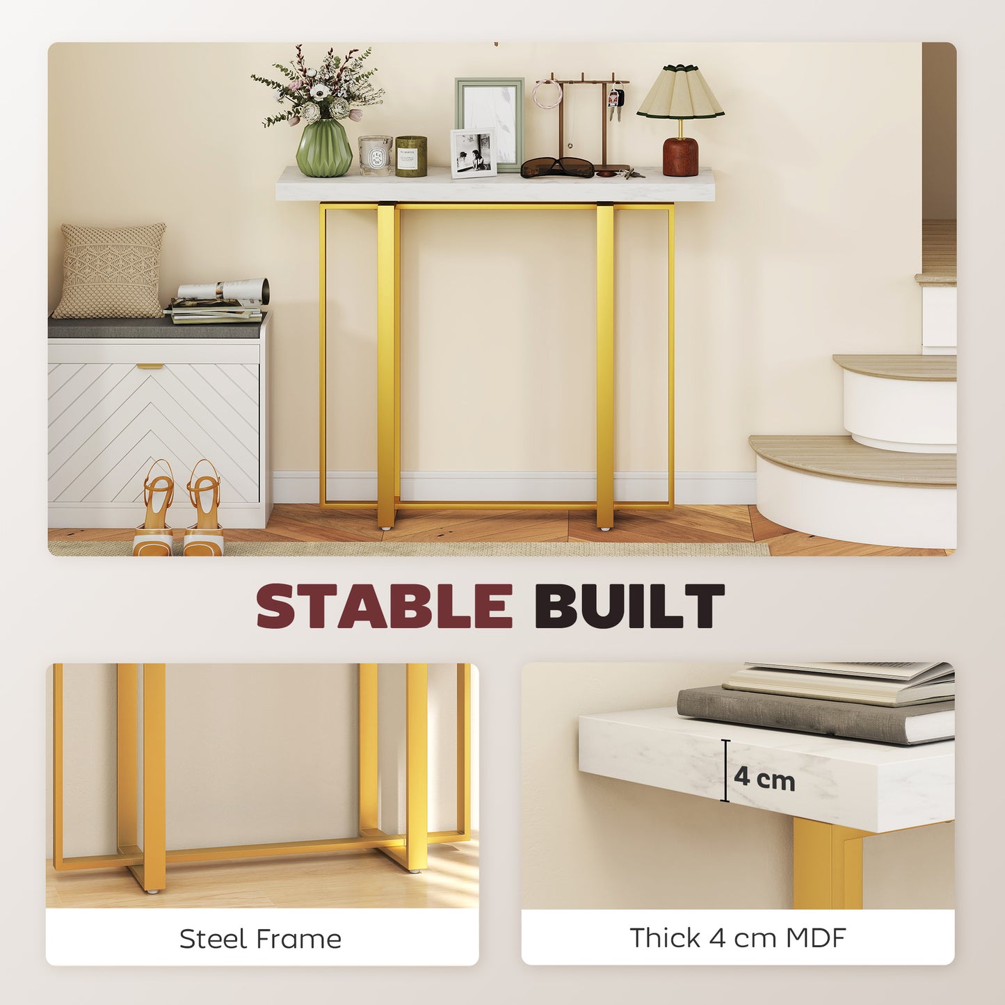 HOMCOM Console Table With Faux Marble Top 100 Cm Narrow Entryway Table Anti Tipping Device Steel Frame White